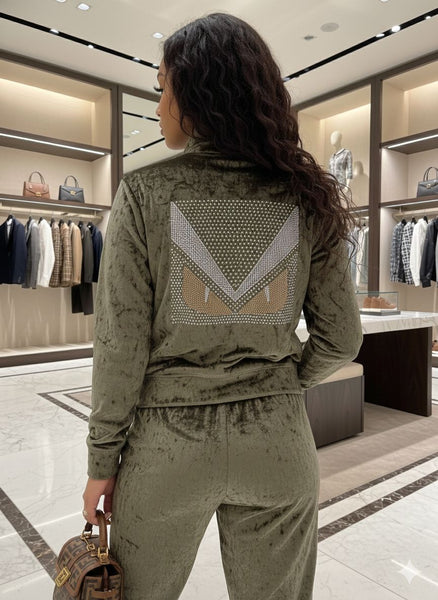 Women’s Luxury Olive Velvet Tracksuit Set