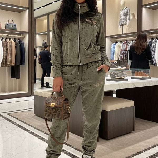 Women’s Luxury Olive Velvet Tracksuit Set