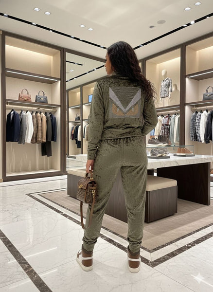 Women’s Luxury Olive Velvet Tracksuit Set