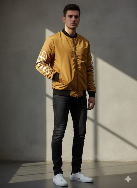 Men’s Stylish Brown Bomber Jacket with Logo Sleeves