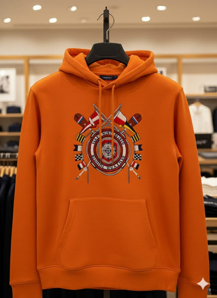 Men’s Orange Printed Hoodie Sweatshirt Stylish Winter Wear with Front Pocket