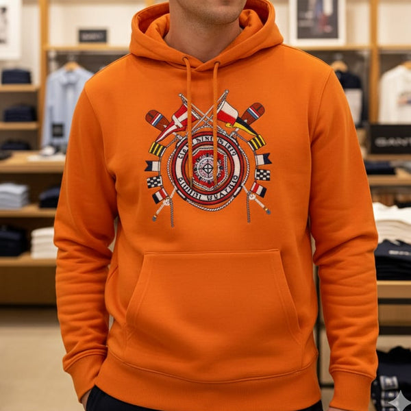Men’s Orange Printed Hoodie Sweatshirt Stylish Winter Wear with Front Pocket