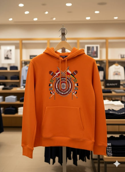 Men’s Orange Printed Hoodie Sweatshirt Stylish Winter Wear with Front Pocket
