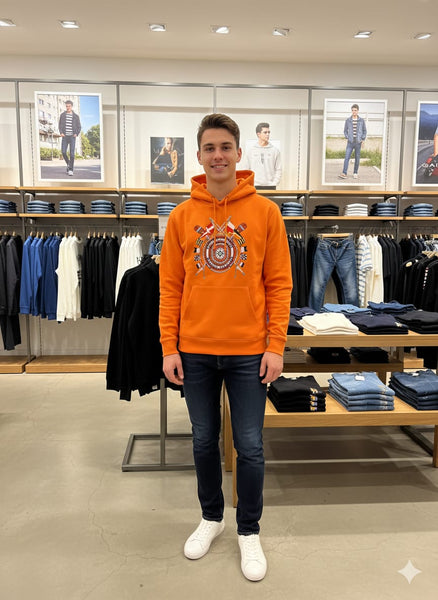 Men’s Orange Printed Hoodie Sweatshirt Stylish Winter Wear with Front Pocket