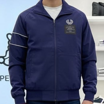 Men’s Navy Blue Zip-Up Casual Jacket with Logo Detail