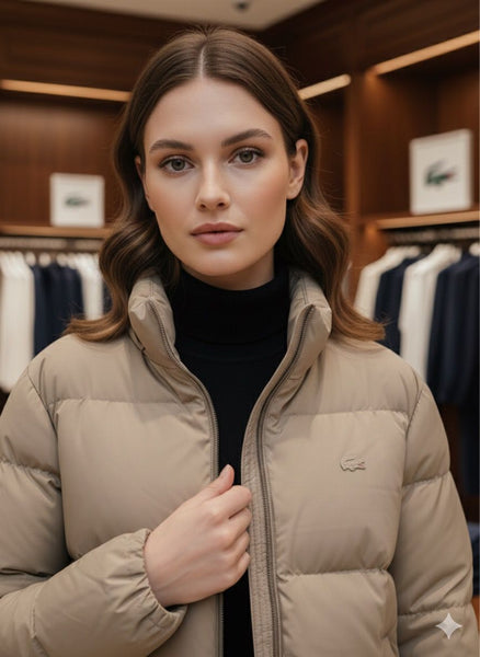 Men’s Beige Puffer Winter Jacket with Stand Collar