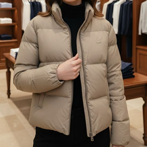 Men’s Beige Puffer Winter Jacket with Stand Collar