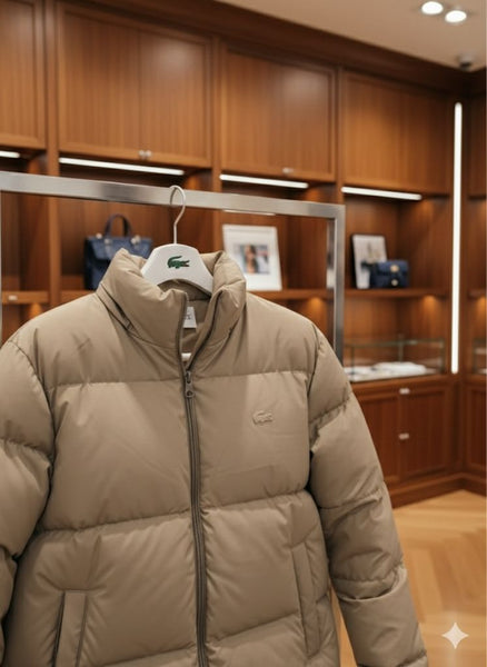 Men’s Beige Puffer Winter Jacket with Stand Collar