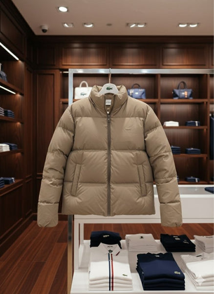 Men’s Beige Puffer Winter Jacket with Stand Collar