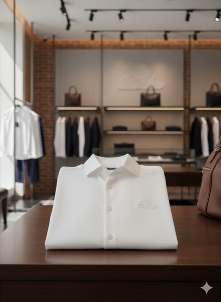 Men’s White Solid Full-Sleeve Casual Shirt with Premium Logo Detail