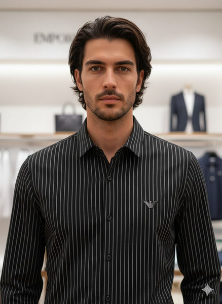 Men’s Black Striped Formal Shirt with Premium Logo Detail