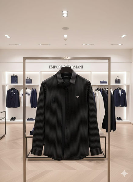 Men’s Black Striped Formal Shirt with Premium Logo Detail