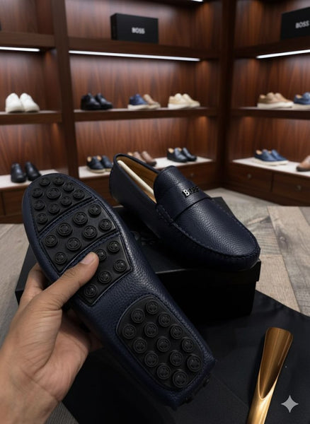 Men’s Navy Blue Leather Loafers with Premium Logo Detail