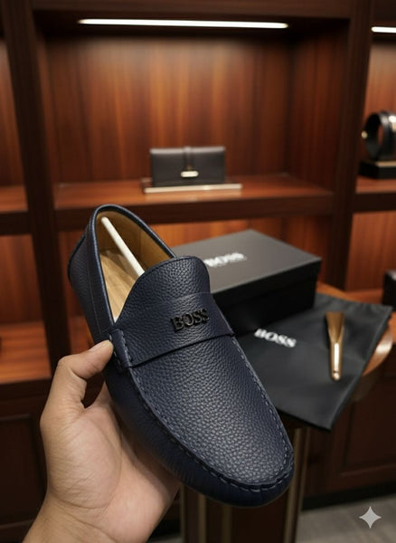 Men’s Navy Blue Leather Loafers with Premium Logo Detail