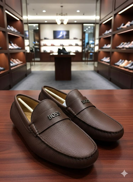 Men’s Brown Leather Slip-On Loafers with Premium Logo