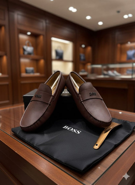 Men’s Brown Leather Slip-On Loafers with Premium Logo