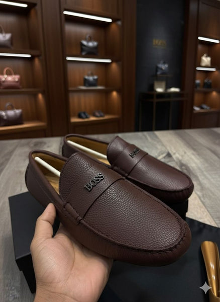 Men’s Brown Leather Slip-On Loafers with Premium Logo
