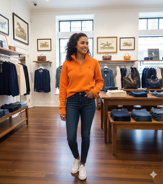 Women’s Orange Half-Zip Sweatshirt with Logo Detail