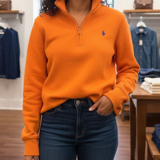 Women’s Orange Half-Zip Sweatshirt with Logo Detail
