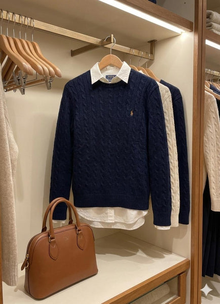 Men’s Navy Blue Cable Knit Sweater with Classic Collar Look