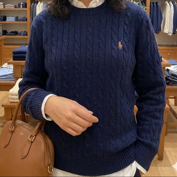 Men’s Navy Blue Cable Knit Sweater with Classic Collar Look