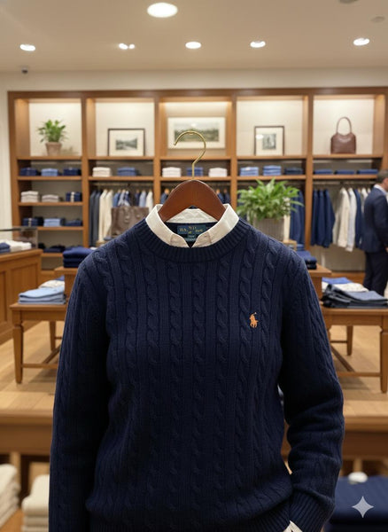 Men’s Navy Blue Cable Knit Sweater with Classic Collar Look