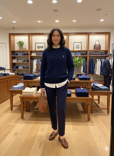 Men’s Navy Blue Cable Knit Sweater with Classic Collar Look