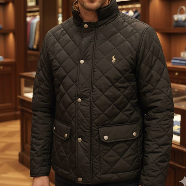Men’s Classic Black Quilted Winter Jacket with Stand Collar