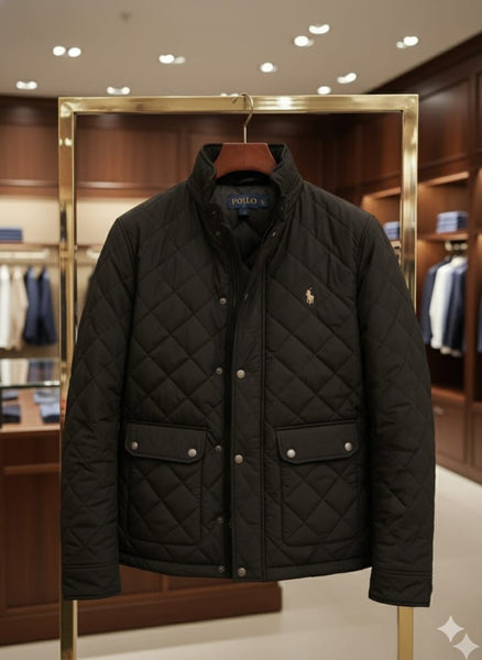 Men’s Classic Black Quilted Winter Jacket with Stand Collar