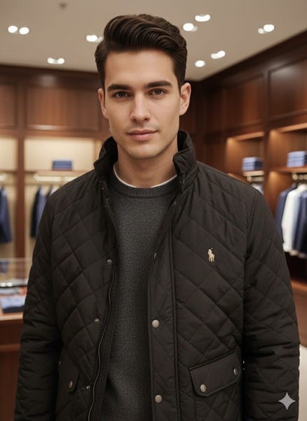 Men’s Classic Black Quilted Winter Jacket with Stand Collar