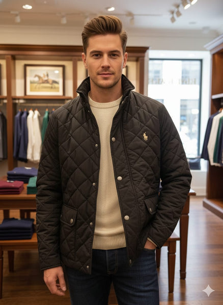 Men’s Classic Black Quilted Winter Jacket with Stand Collar