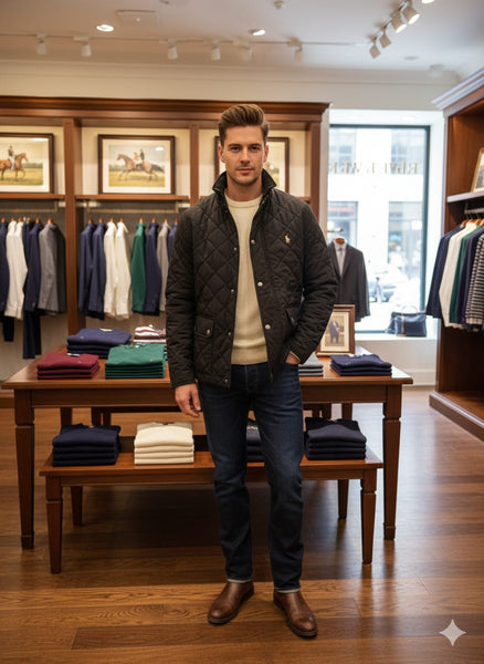 Men’s Classic Black Quilted Winter Jacket with Stand Collar