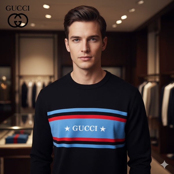 Men’s Black Designer Pullover with Bold Stripe Logo