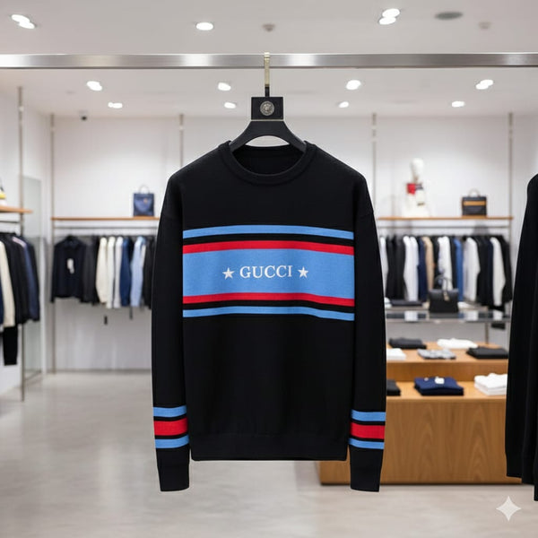 Men’s Black Designer Pullover with Bold Stripe Logo