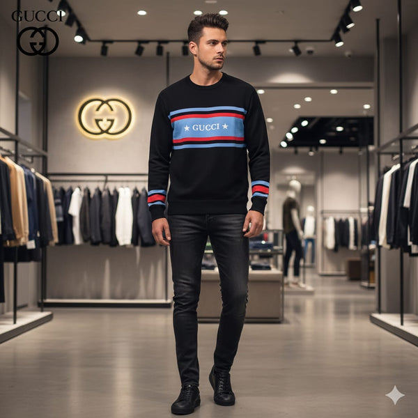 Men’s Black Designer Pullover with Bold Stripe Logo