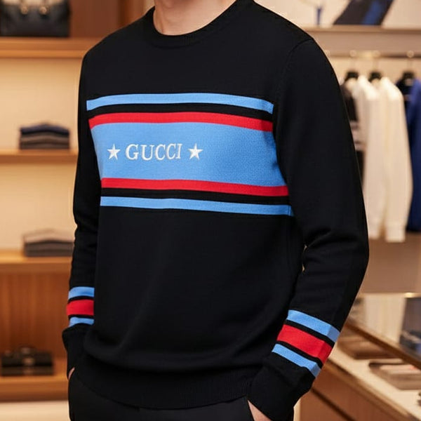 Men’s Black Designer Pullover with Bold Stripe Logo