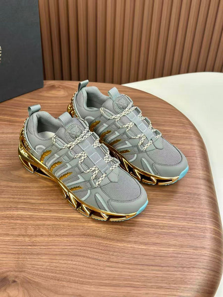 Men’s Grey Luxury Sport Sneakers with Gold Sole Design