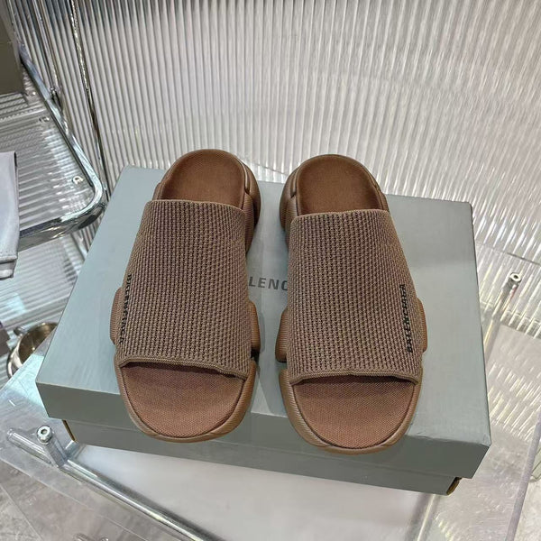 Premium Brown  Knit Strap Chunky Slide Sandals  Luxury Comfort Style