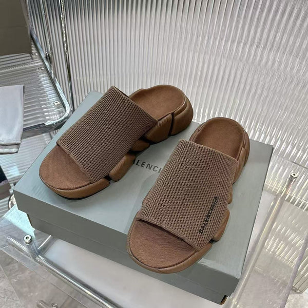 Premium Brown  Knit Strap Chunky Slide Sandals  Luxury Comfort Style