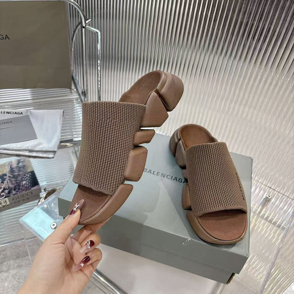 Premium Brown  Knit Strap Chunky Slide Sandals  Luxury Comfort Style
