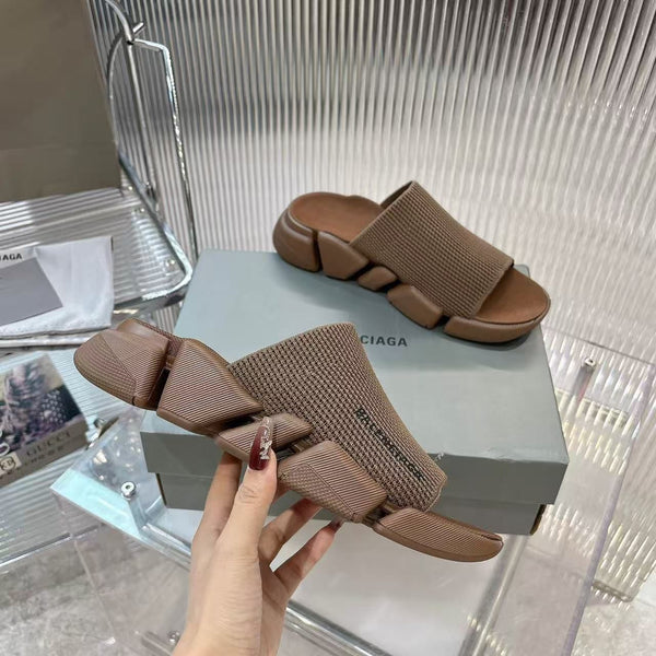 Premium Brown  Knit Strap Chunky Slide Sandals  Luxury Comfort Style