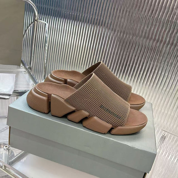 Premium Brown  Knit Strap Chunky Slide Sandals  Luxury Comfort Style