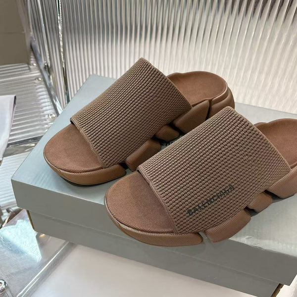 Premium Brown  Knit Strap Chunky Slide Sandals  Luxury Comfort Style