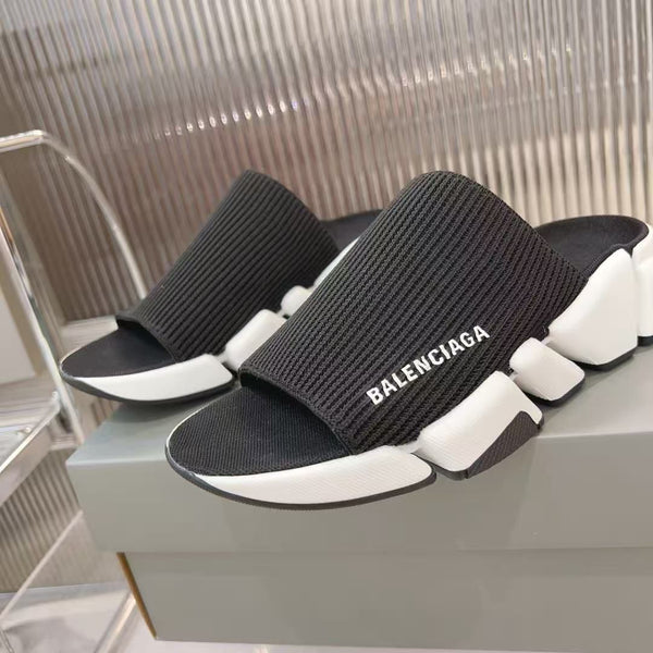 Luxury Brand  Knit Strap Chunky Slide Sandals  Black & White