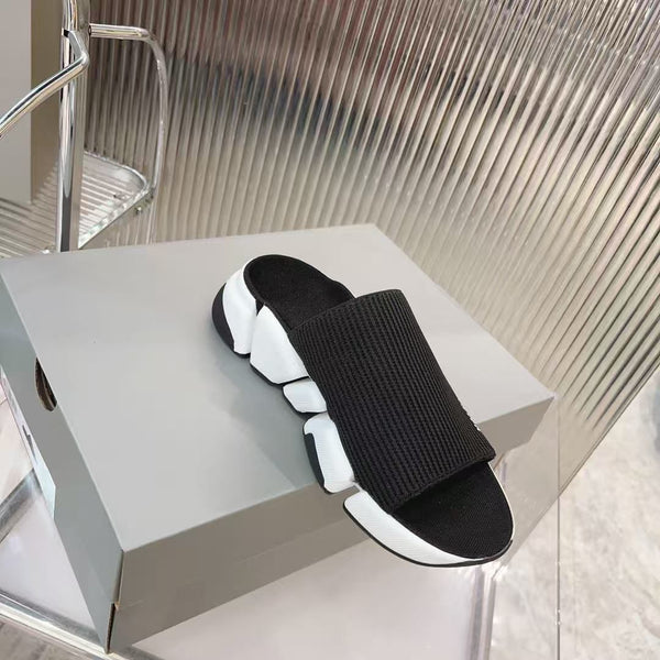 Luxury Brand  Knit Strap Chunky Slide Sandals  Black & White