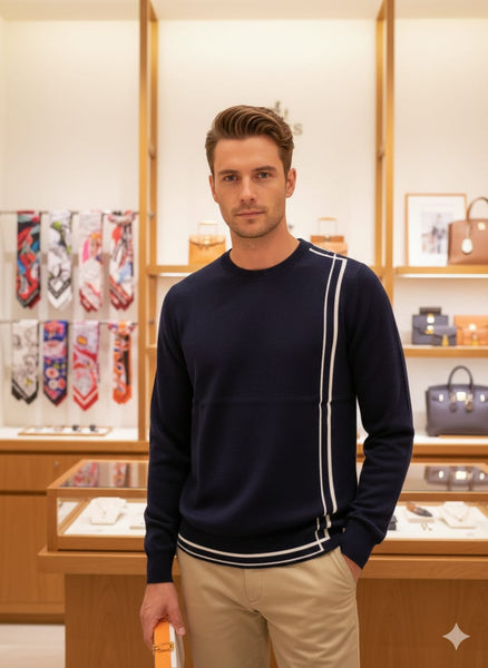 Men’s Navy Blue Crew Neck Sweater with Contrast Line Design