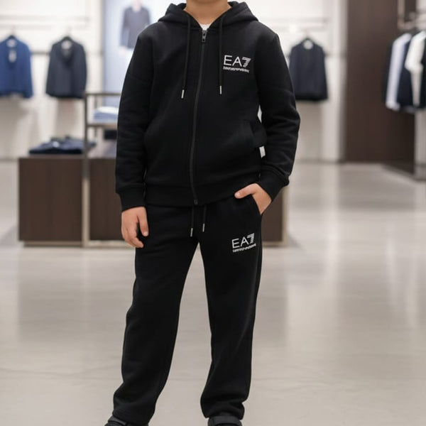 Kids Black Hooded Tracksuit Set Zip-Up Hoodie & Joggers