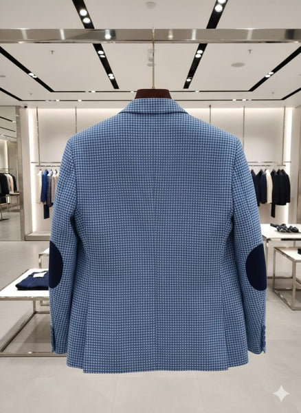 Premium Blue Textured Blazer with Elbow Patch Detail