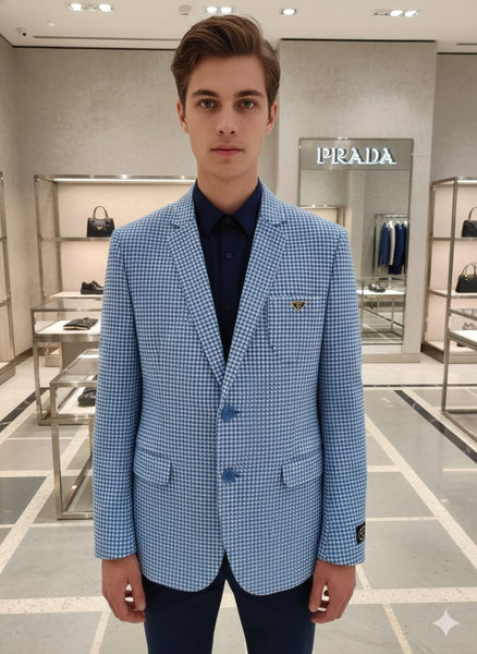 Premium Blue Textured Blazer with Elbow Patch Detail