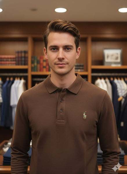 Classic Brown Long-Sleeve Polo T-Shirt – Smart Casual Style